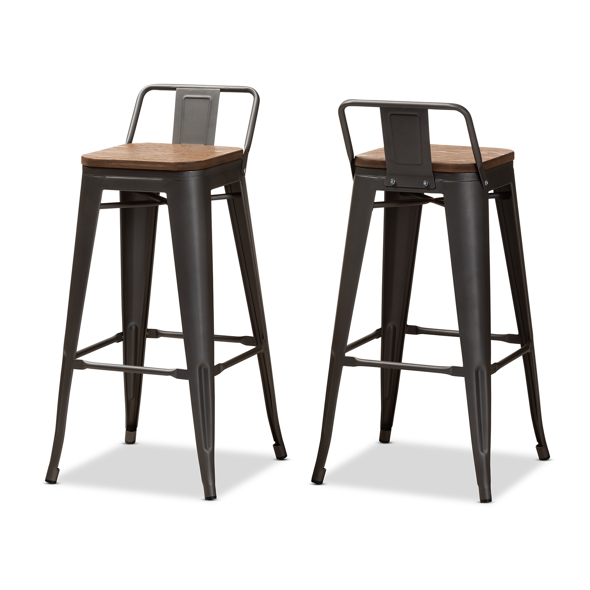 Baxton Studio Henri Vintage Rustic Industrial Style Tolix-Inspired Bamboo and Gun Metal-Finished Steel Stackable Bar Stool with Backrest Set of 2